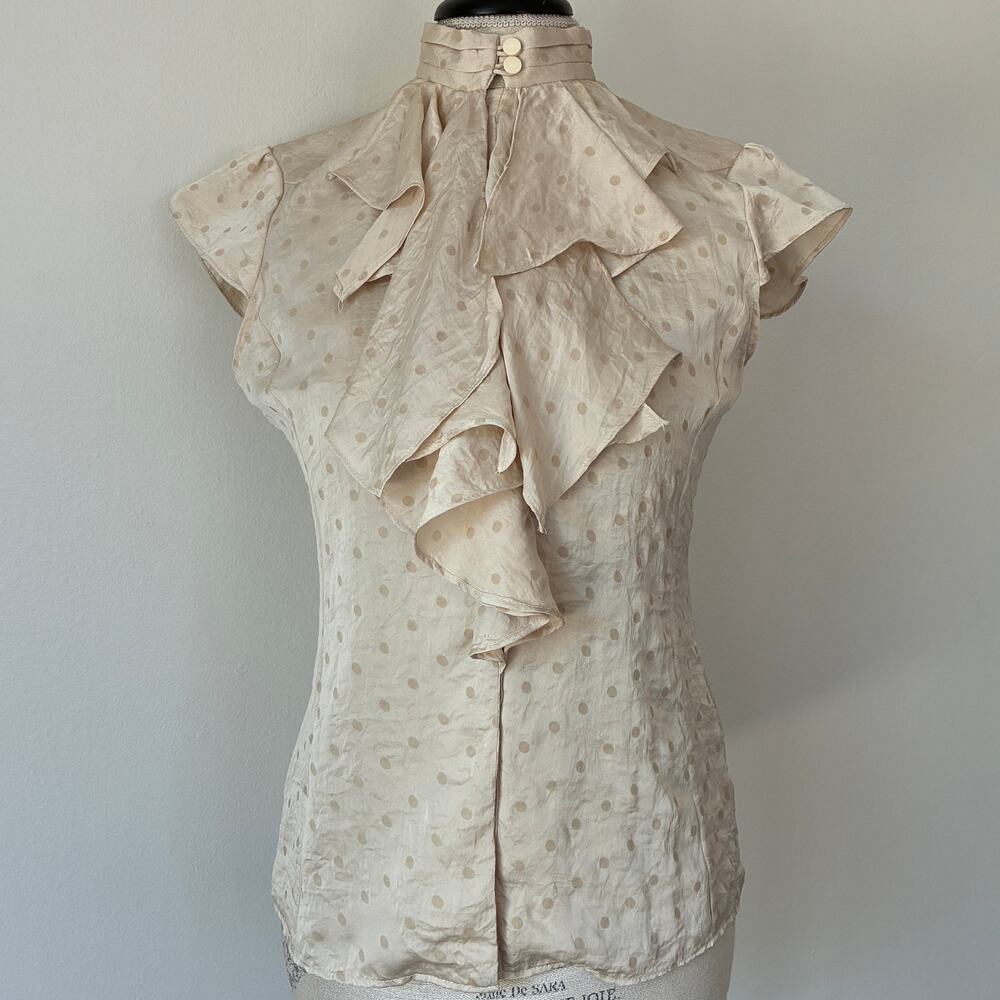 Vintage Cream Polka Dot Ruffle Front Mock-neck Button Up Blouse Top Size M
